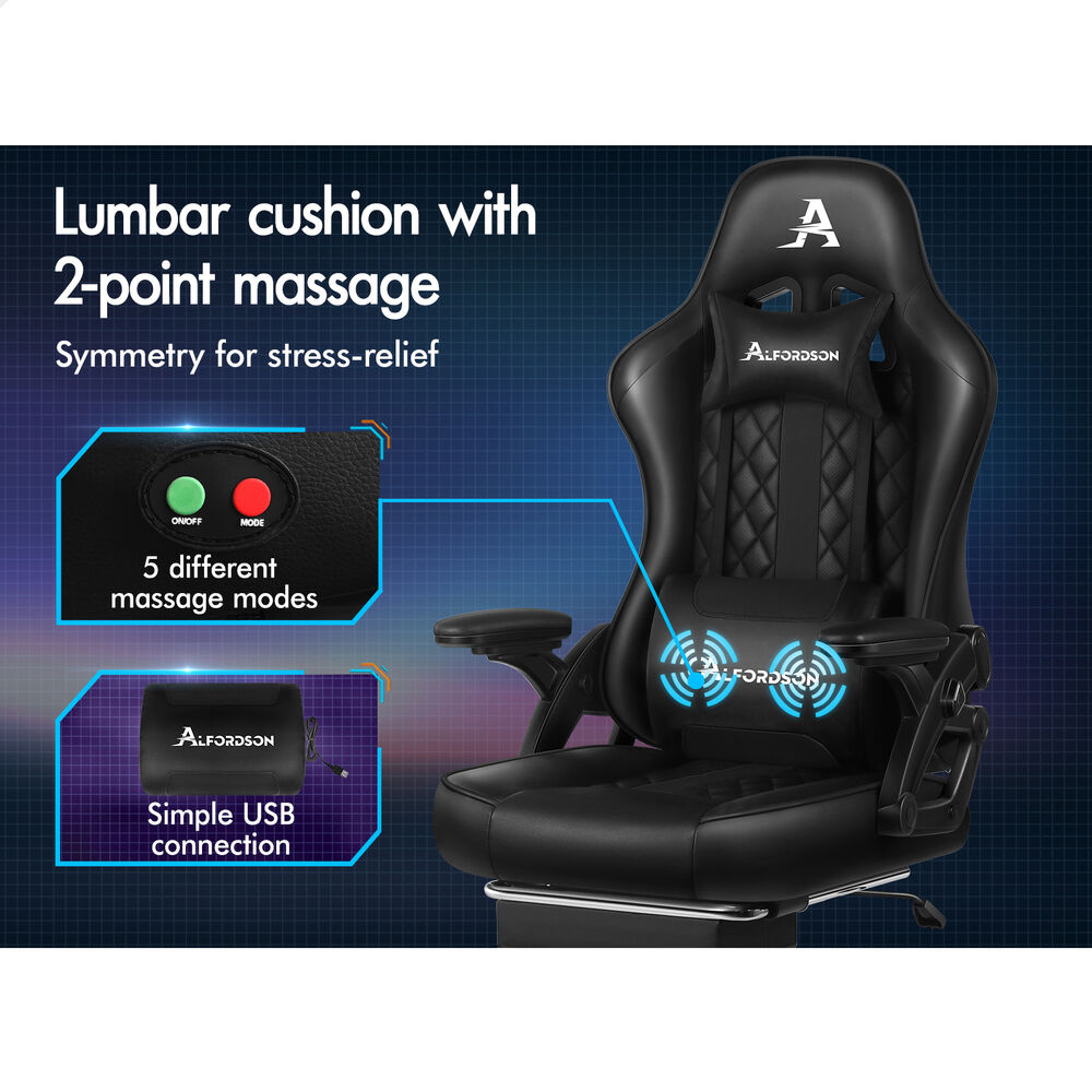 ALFORDSON Gaming Office Chair Massage Computer Footrest Seat Leather All Black