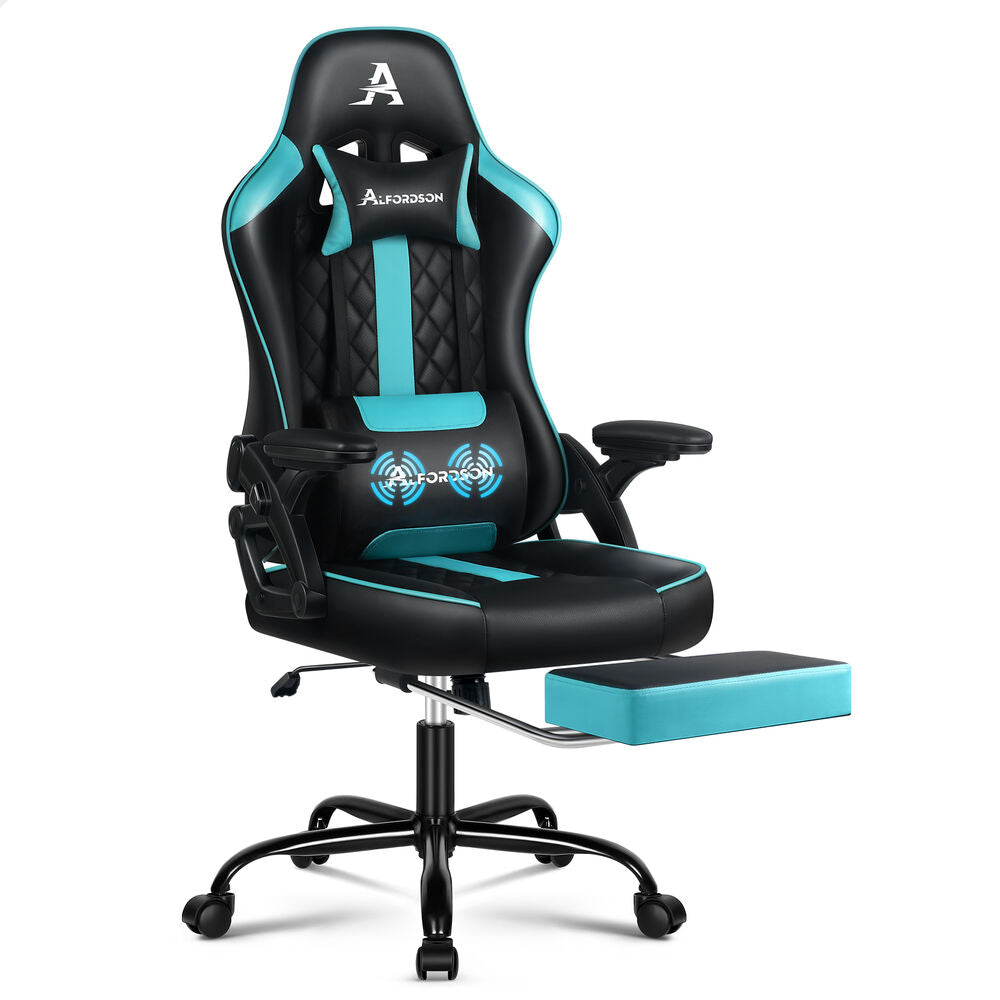 ALFORDSON Gaming Office Chair Massage Computer Footrest Leather Black & Cyan