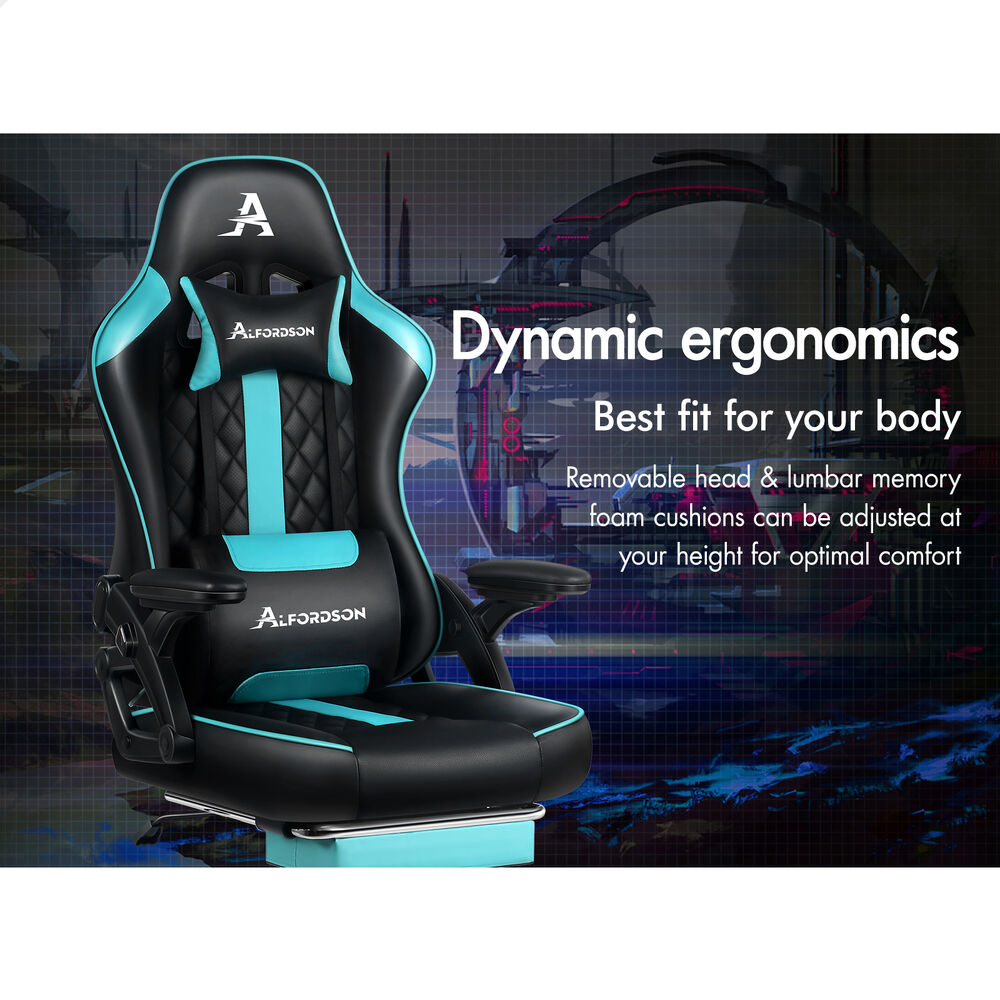 ALFORDSON Gaming Office Chair Massage Computer Footrest Leather Black & Cyan