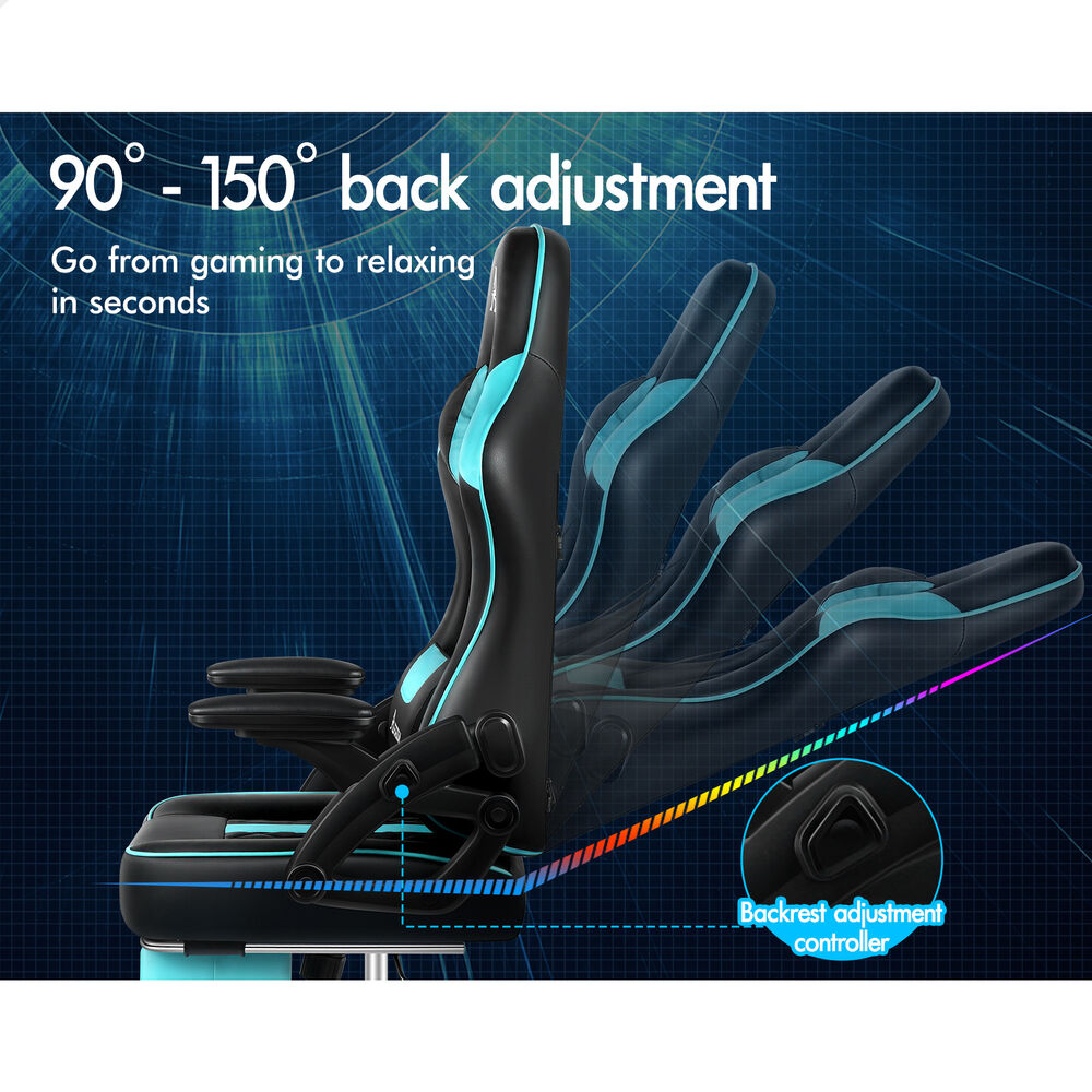 ALFORDSON Gaming Office Chair Massage Computer Footrest Leather Black & Cyan