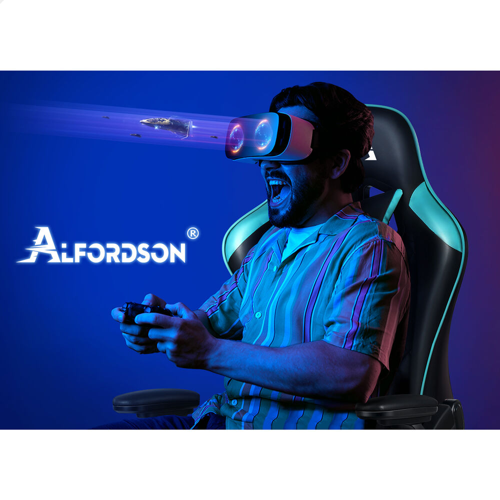 ALFORDSON Gaming Office Chair Massage Computer Footrest Leather Black & Cyan