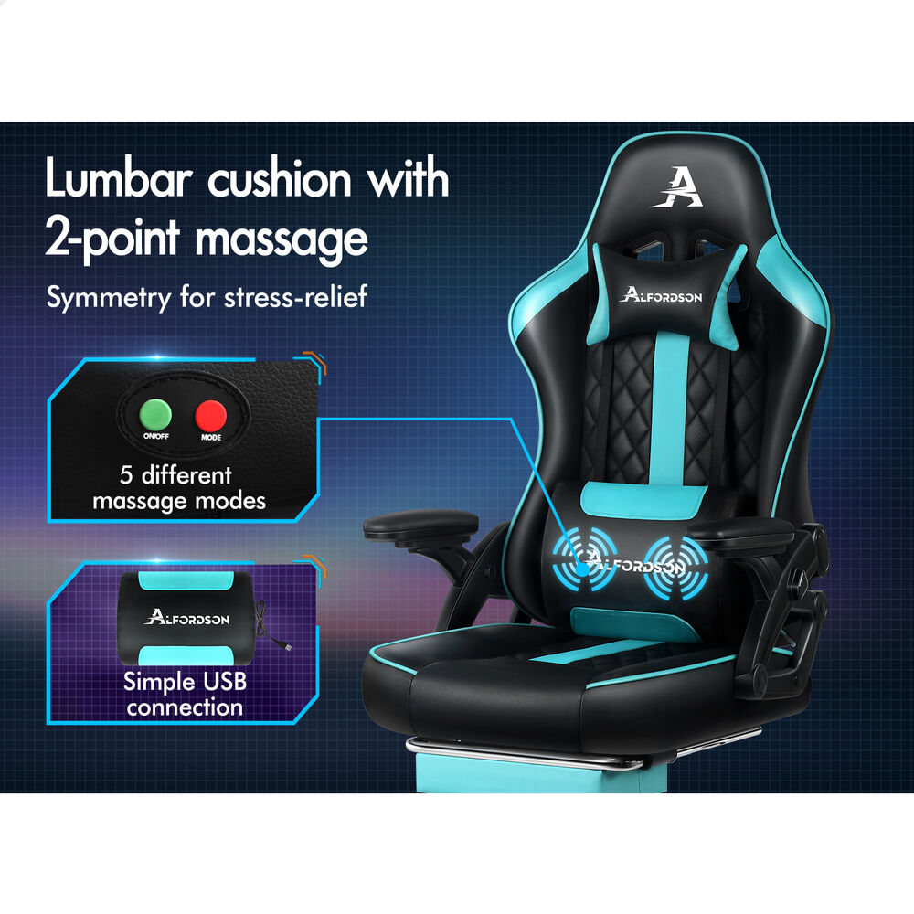 ALFORDSON Gaming Office Chair Massage Computer Footrest Leather Black & Cyan