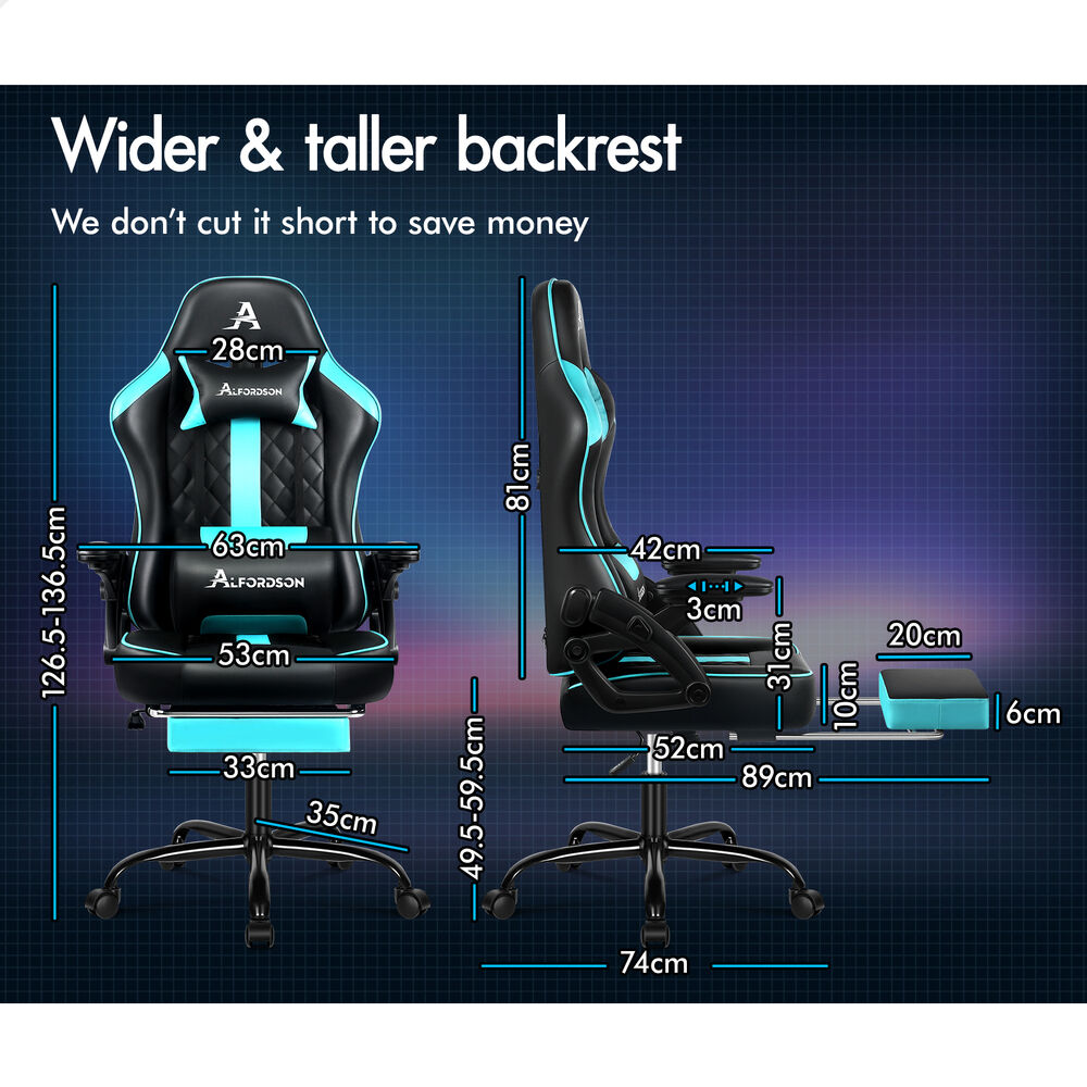ALFORDSON Gaming Office Chair Massage Computer Footrest Leather Black & Cyan