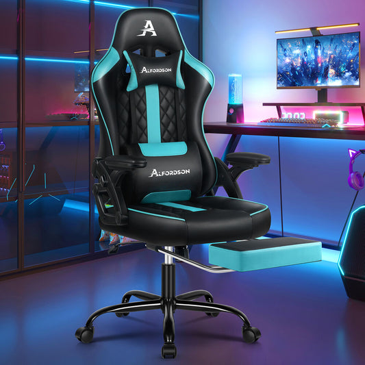 ALFORDSON Gaming Office Chair Massage Computer Footrest Leather Black & Cyan