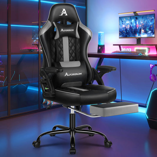 ALFORDSON Gaming Office Chair Massage Computer Footrest Leather Black & Grey