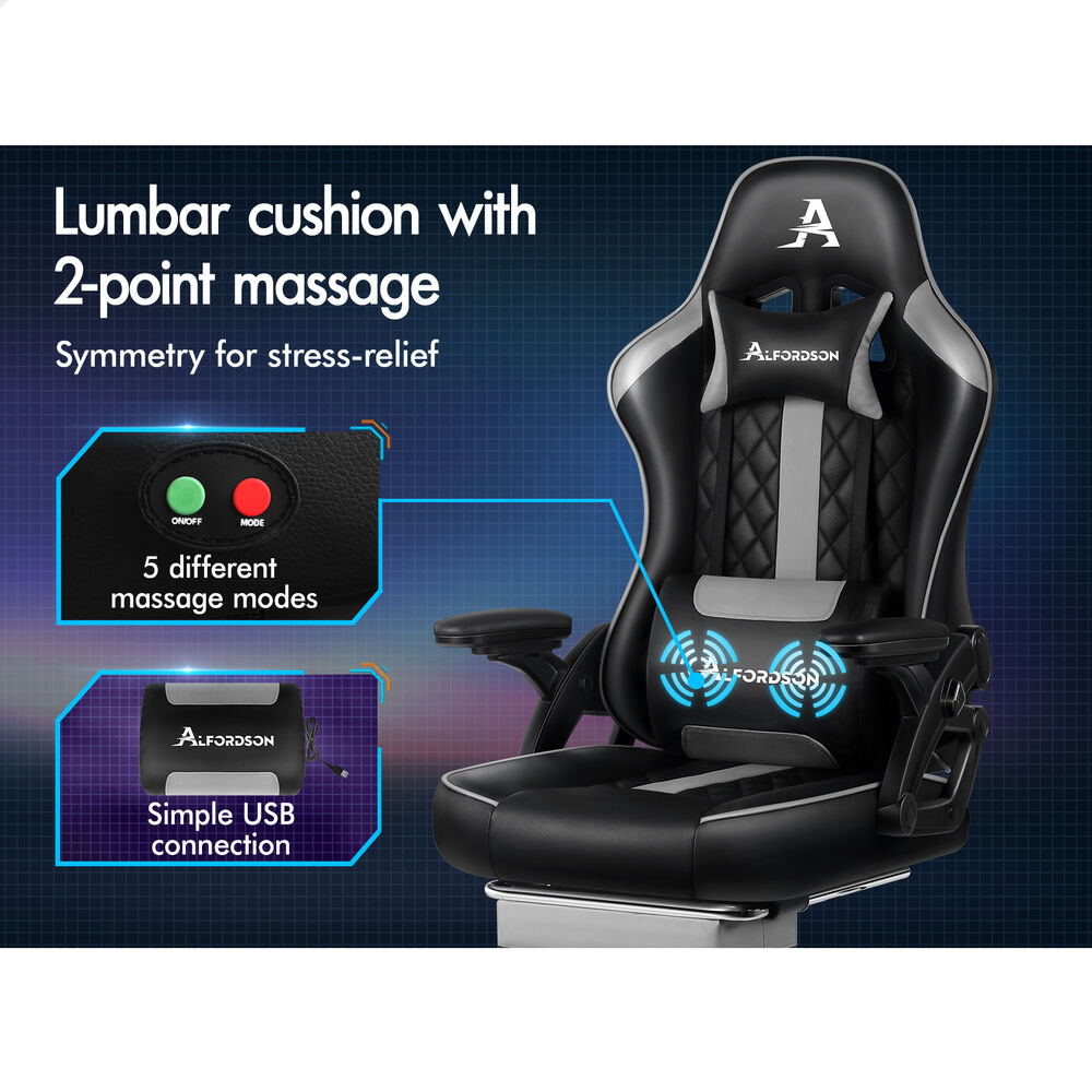 ALFORDSON Gaming Office Chair Massage Computer Footrest Leather Black & Grey