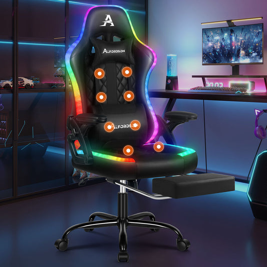 ALFORDSON Gaming Chair Office Massage 12 RGB LED Computer Seat Leather All Black