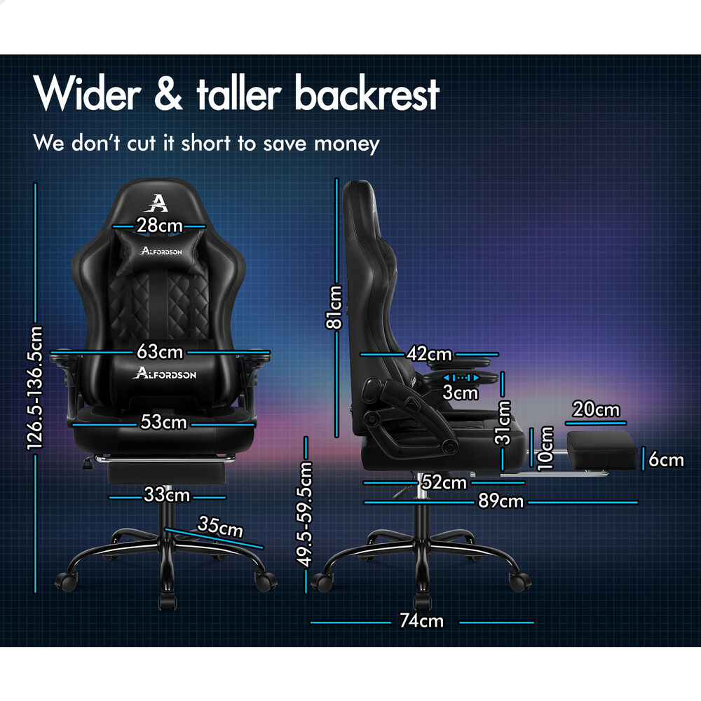 ALFORDSON Gaming Chair Office Massage 12 RGB LED Computer Seat Leather All Black