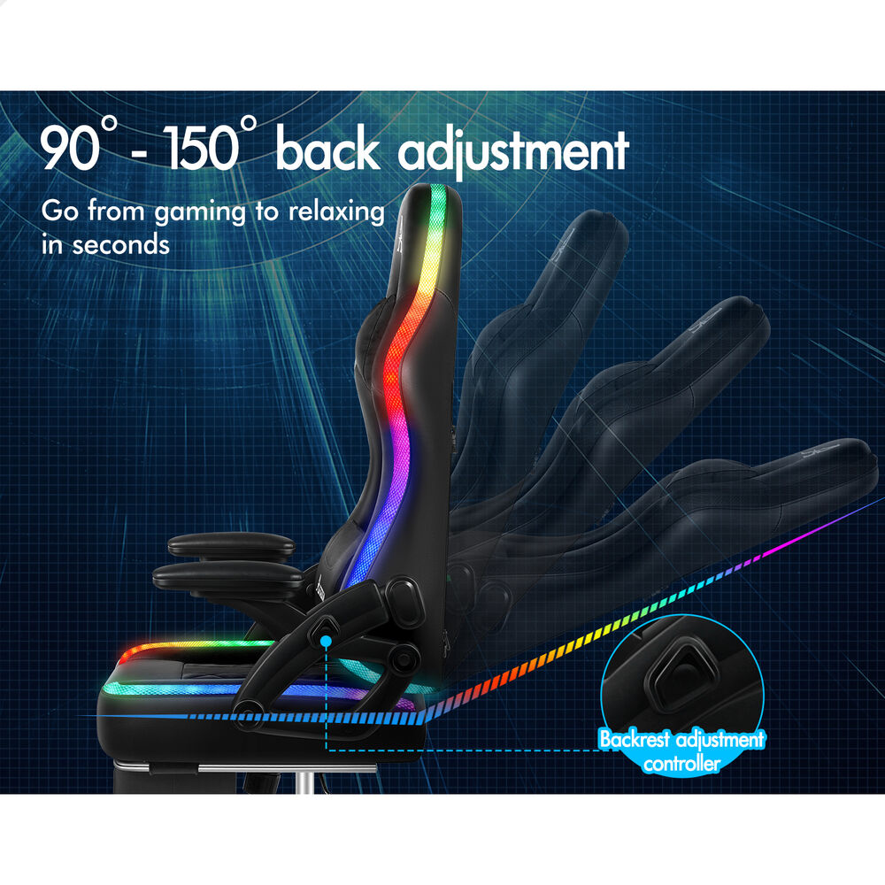 ALFORDSON Gaming Chair Office Massage 12 RGB LED Computer Seat Leather All Black