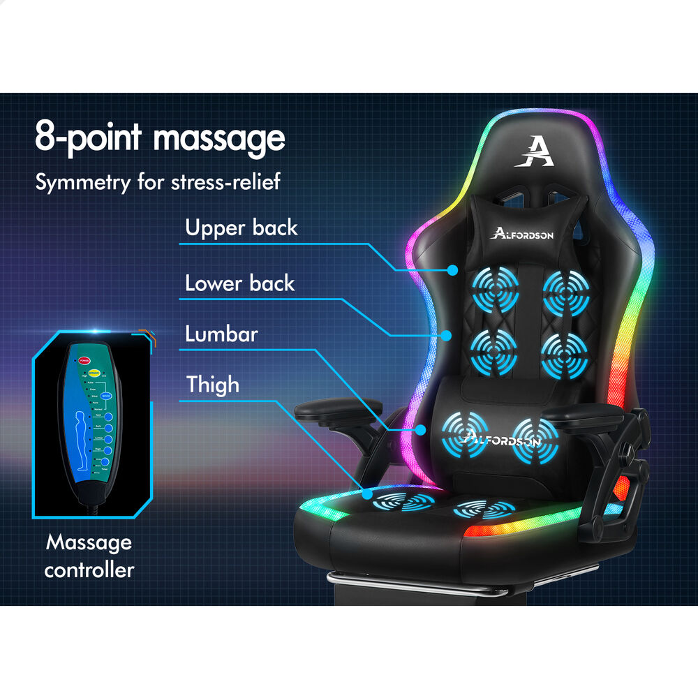 ALFORDSON Gaming Chair Office Massage 12 RGB LED Computer Seat Leather All Black