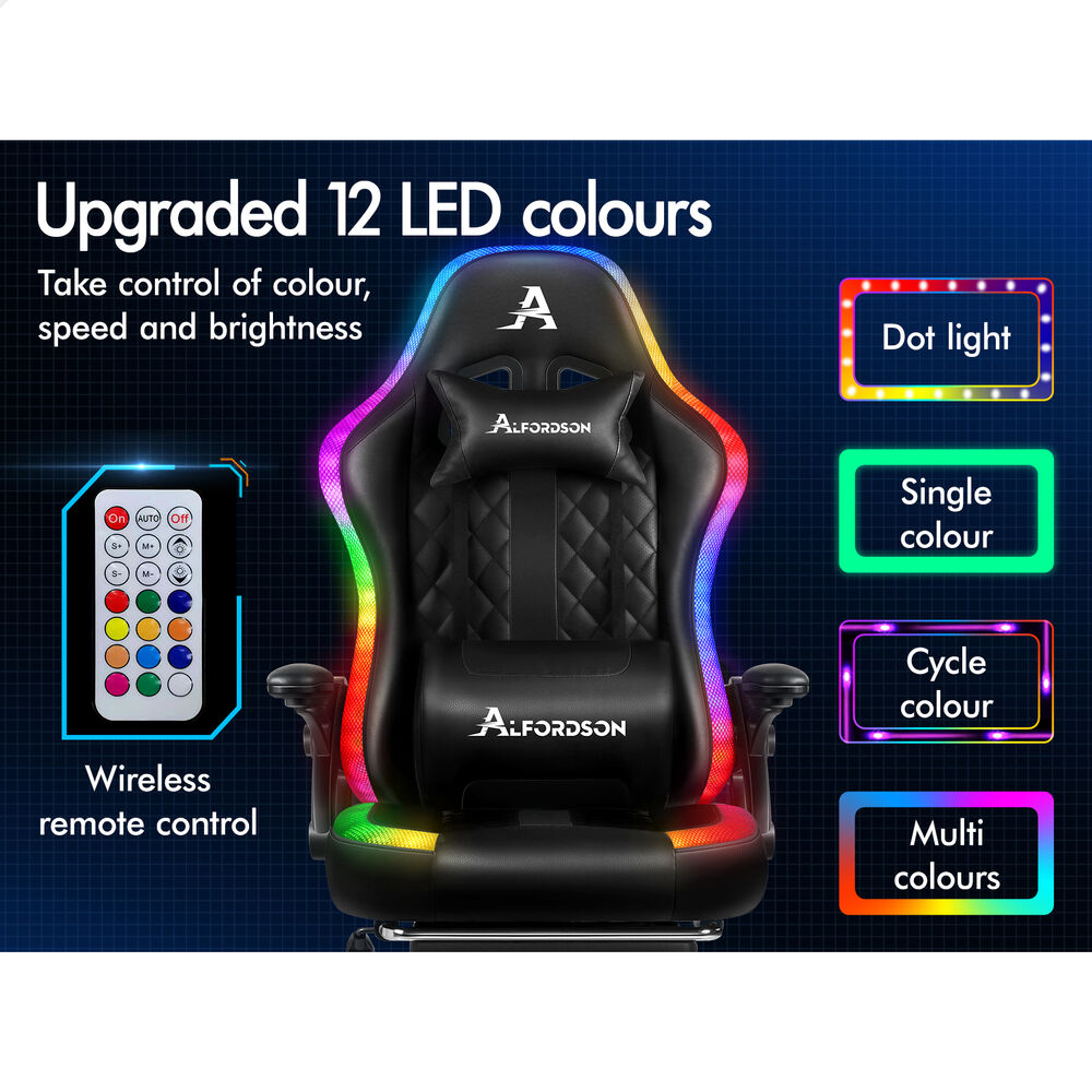 ALFORDSON Gaming Chair Office Massage 12 RGB LED Computer Seat Leather All Black