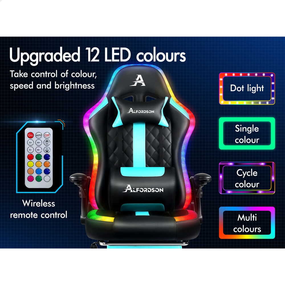 ALFORDSON Gaming Chair Office Massage 12 RGB LED Computer Leather Black & Cyan