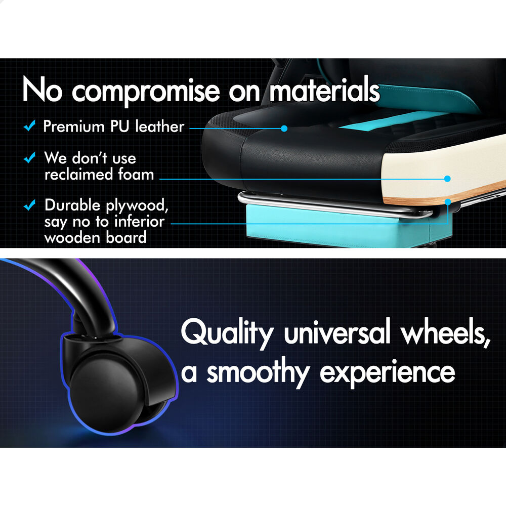 ALFORDSON Gaming Chair Office Massage 12 RGB LED Computer Leather Black & Cyan