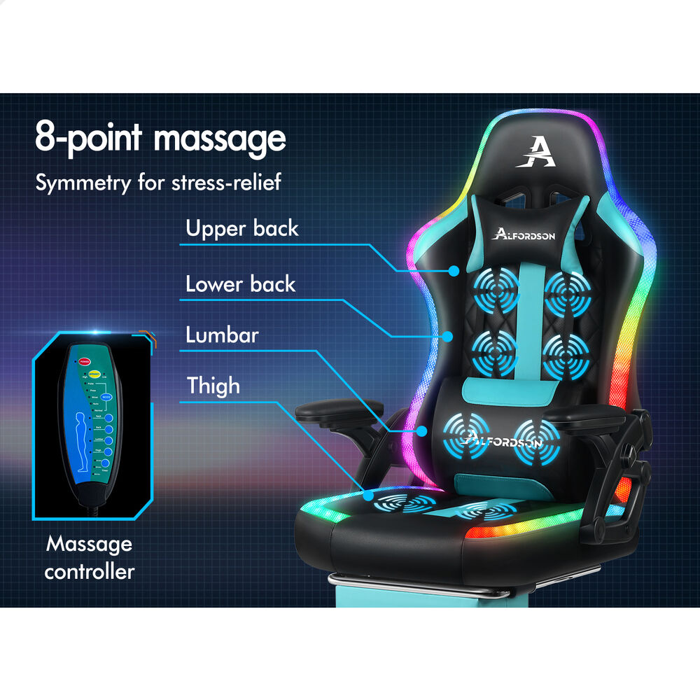 ALFORDSON Gaming Chair Office Massage 12 RGB LED Computer Leather Black & Cyan