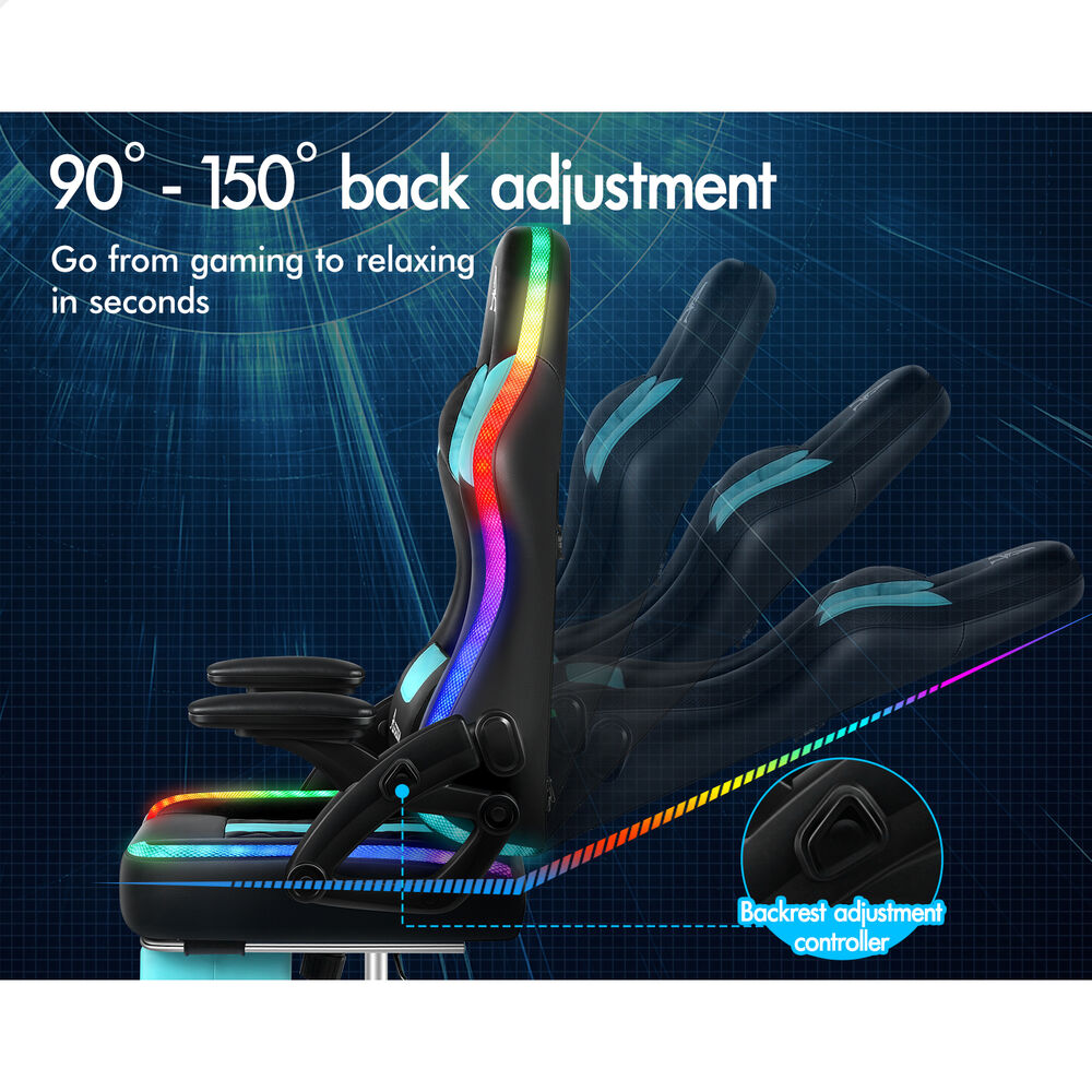 ALFORDSON Gaming Chair Office Massage 12 RGB LED Computer Leather Black & Cyan