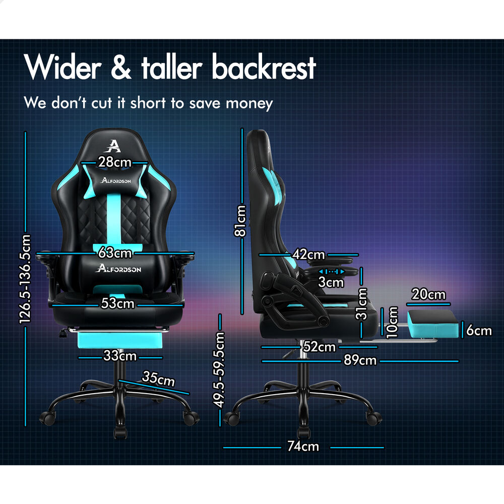 ALFORDSON Gaming Chair Office Massage 12 RGB LED Computer Leather Black & Cyan