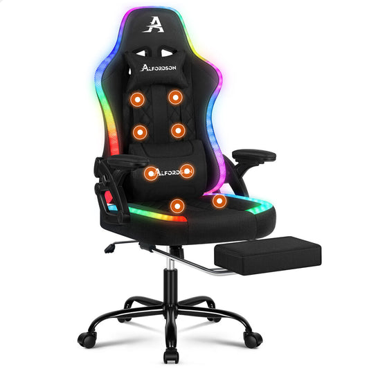 ALFORDSON Gaming Chair Office Massage 12 RGB LED Computer Fabric Black