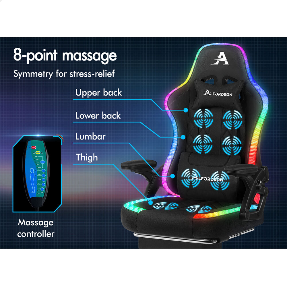 ALFORDSON Gaming Chair Office Massage 12 RGB LED Computer Fabric Black