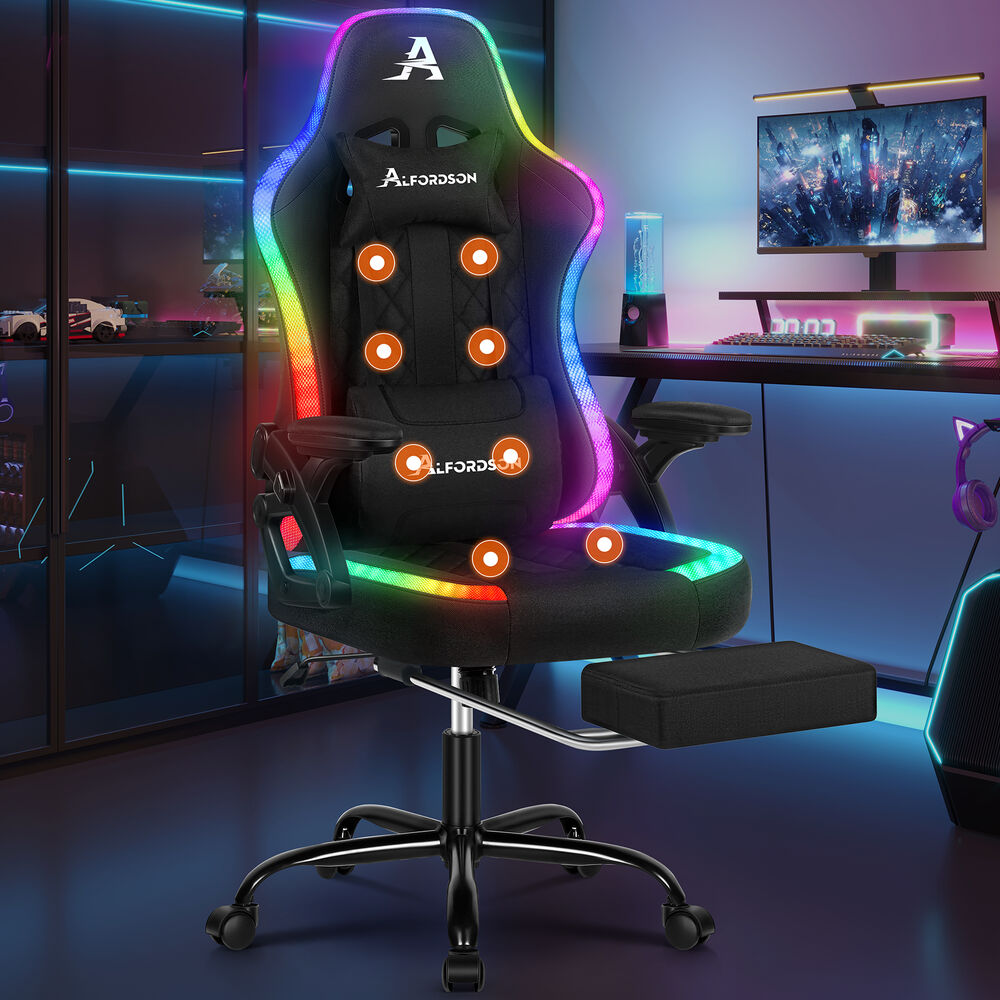 ALFORDSON Gaming Chair Office Massage 12 RGB LED Computer Fabric Black
