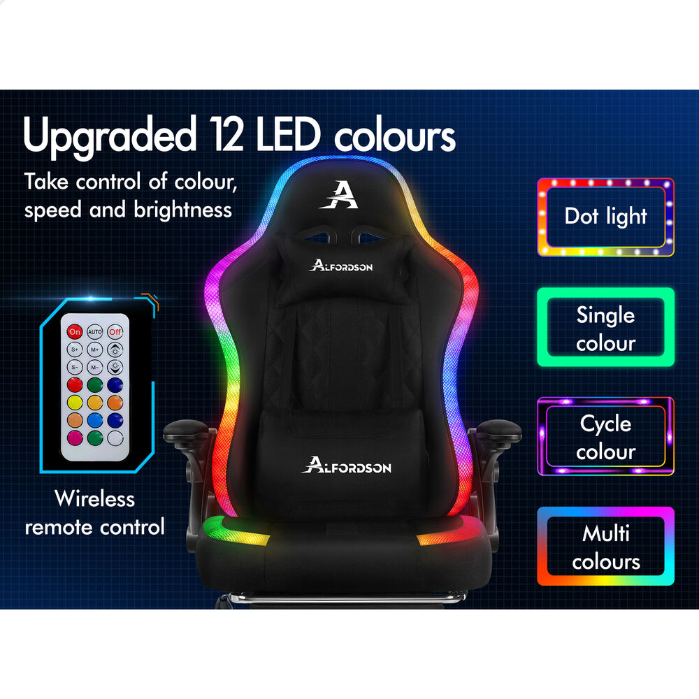 ALFORDSON Gaming Chair Office Massage 12 RGB LED Computer Fabric Black