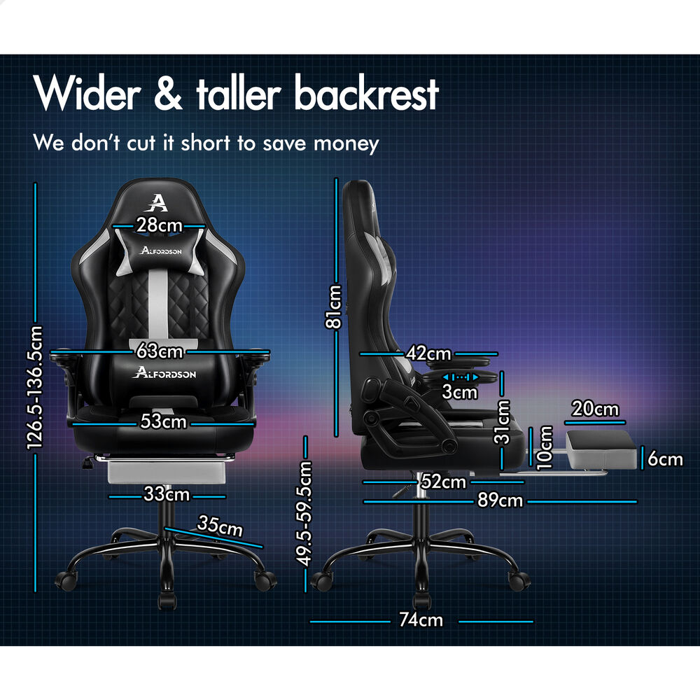 ALFORDSON Gaming Chair Office Massage 12 RGB LED Computer Leather Black & Grey
