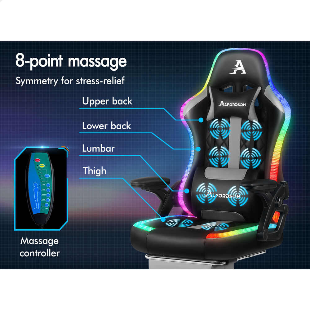 ALFORDSON Gaming Chair Office Massage 12 RGB LED Computer Leather Black & Grey