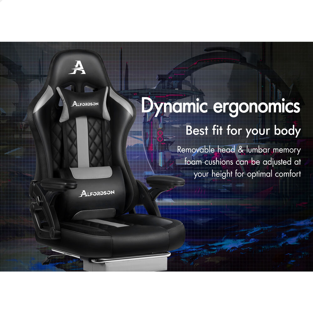 ALFORDSON Gaming Chair Office Massage 12 RGB LED Computer Leather Black & Grey