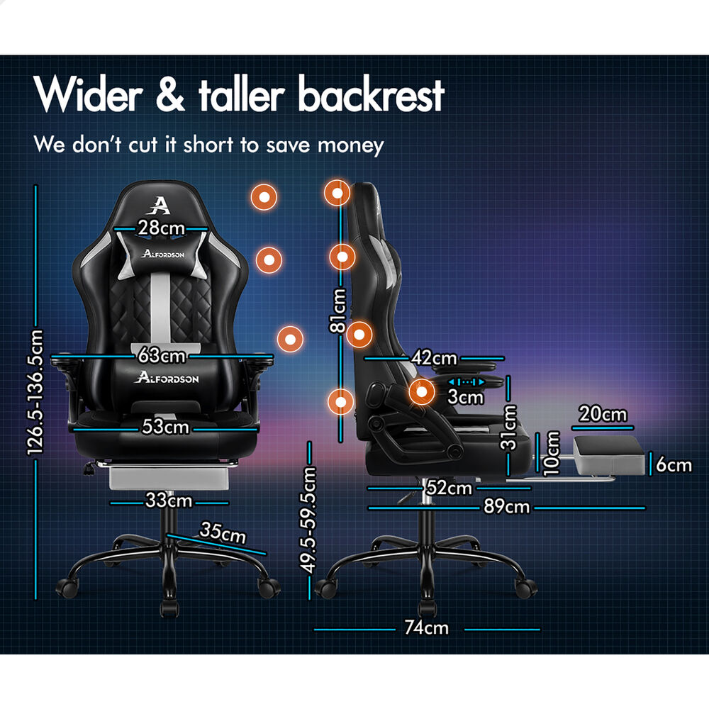 ALFORDSON Gaming Chair Office Massage 12 RGB LED Computer Leather Black & Grey