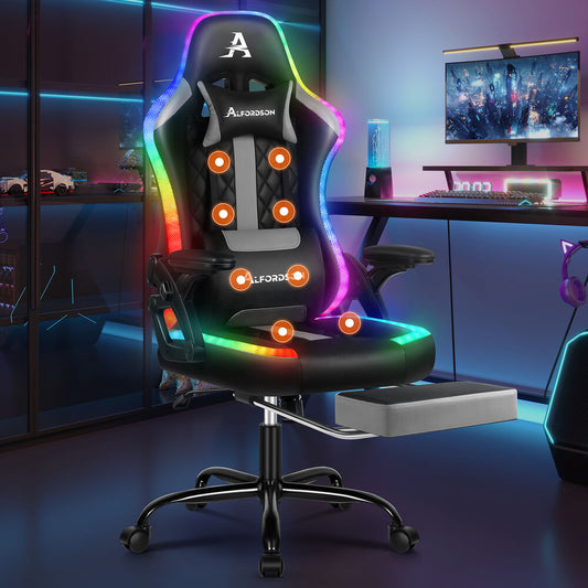 ALFORDSON Gaming Chair Office Massage 12 RGB LED Computer Leather Black & Grey