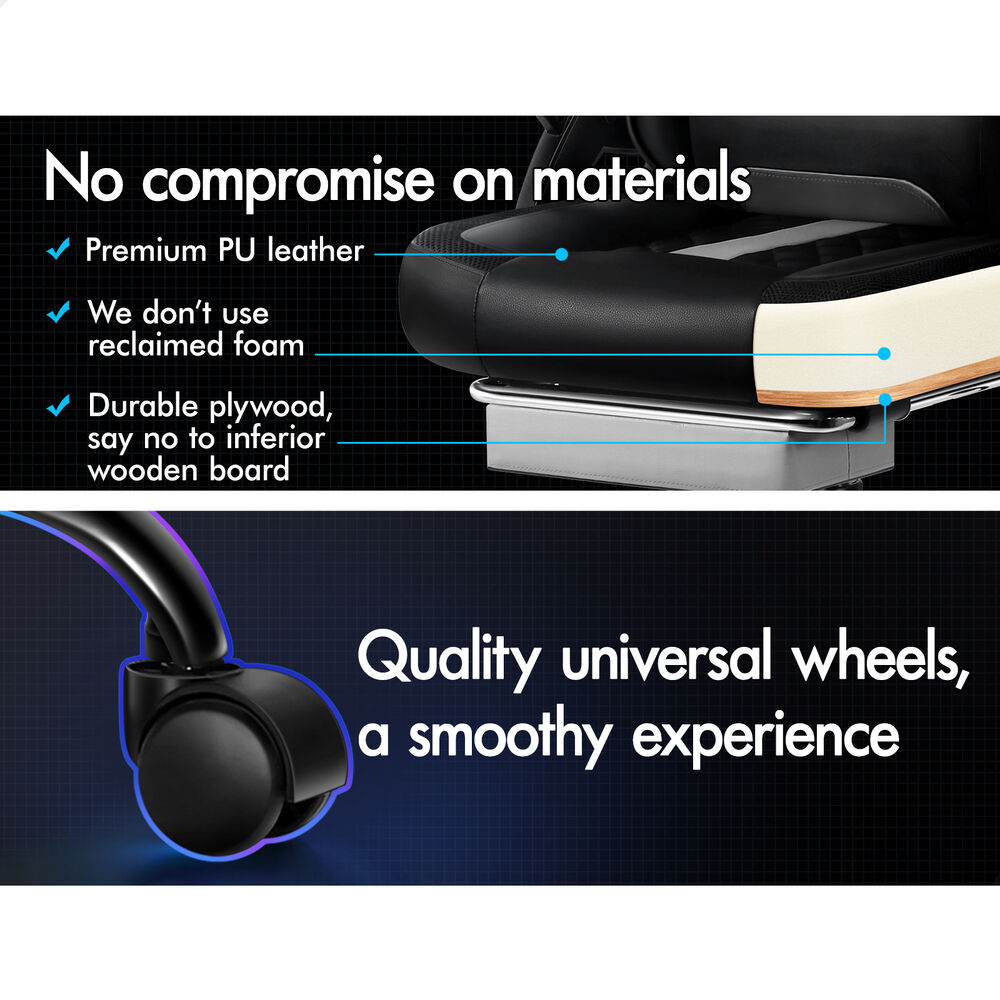 ALFORDSON Gaming Chair Office Massage 12 RGB LED Computer Leather Black & Grey