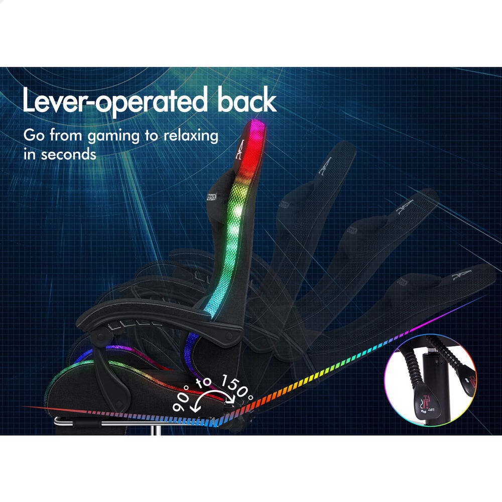 ALFORDSON Gaming Chair Office Massage 12 RGB LED Computer Seat Fabric All Black