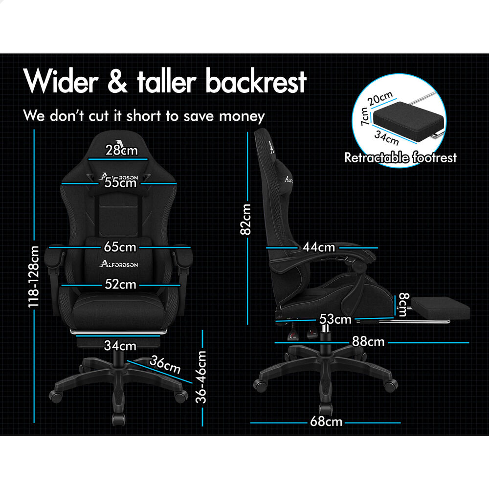 ALFORDSON Gaming Chair Office Massage 12 RGB LED Computer Seat Fabric All Black