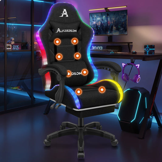 ALFORDSON Gaming Chair Office Massage 12 RGB LED Computer Seat Fabric All Black