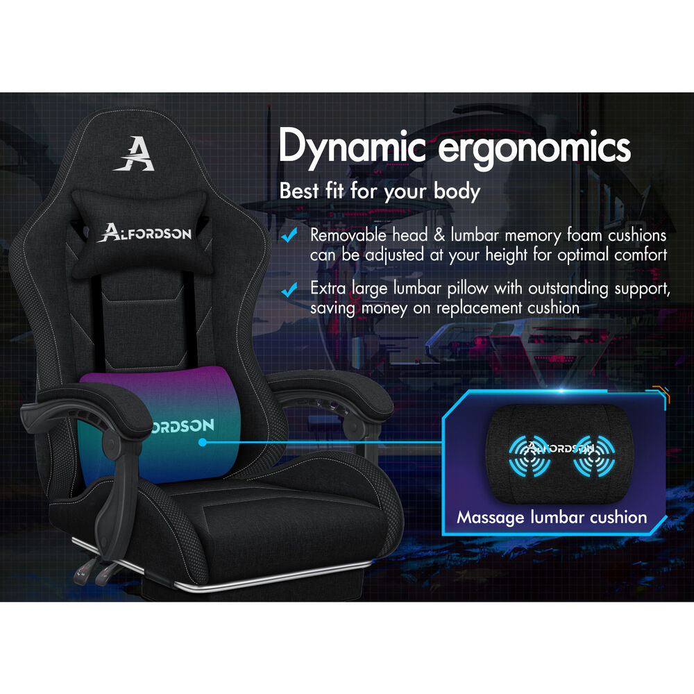 ALFORDSON Gaming Chair Office Massage 12 RGB LED Computer Seat Fabric All Black