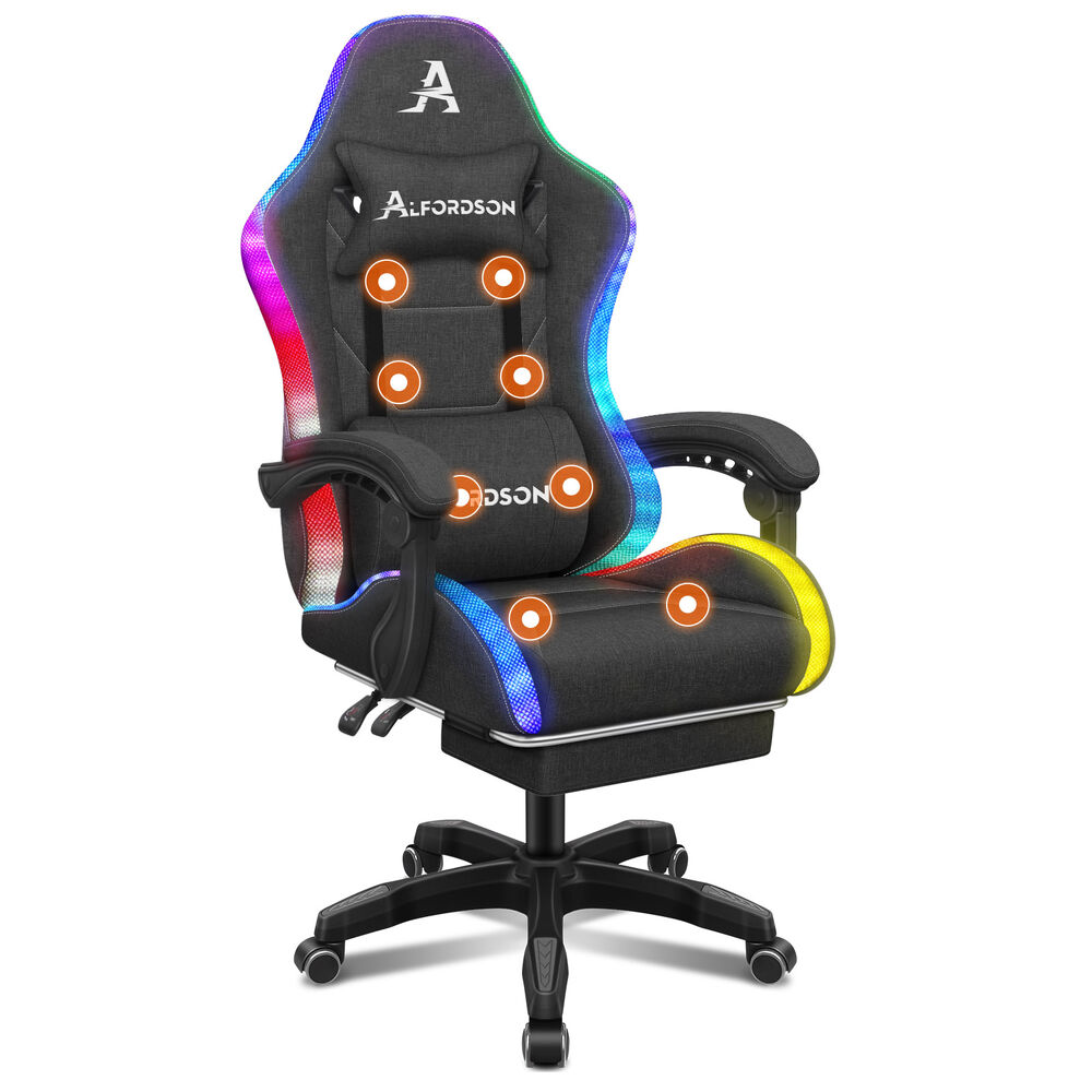 ALFORDSON Gaming Chair Office Massage 12 RGB LED Computer Seat Fabric Dark Grey