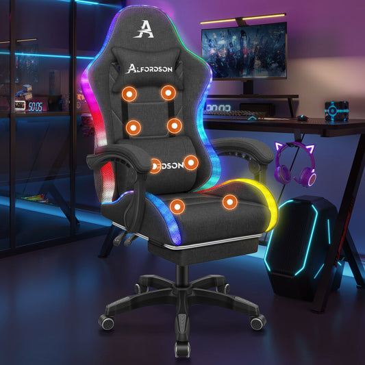 ALFORDSON Gaming Chair Office Massage 12 RGB LED Computer Seat Fabric Dark Grey