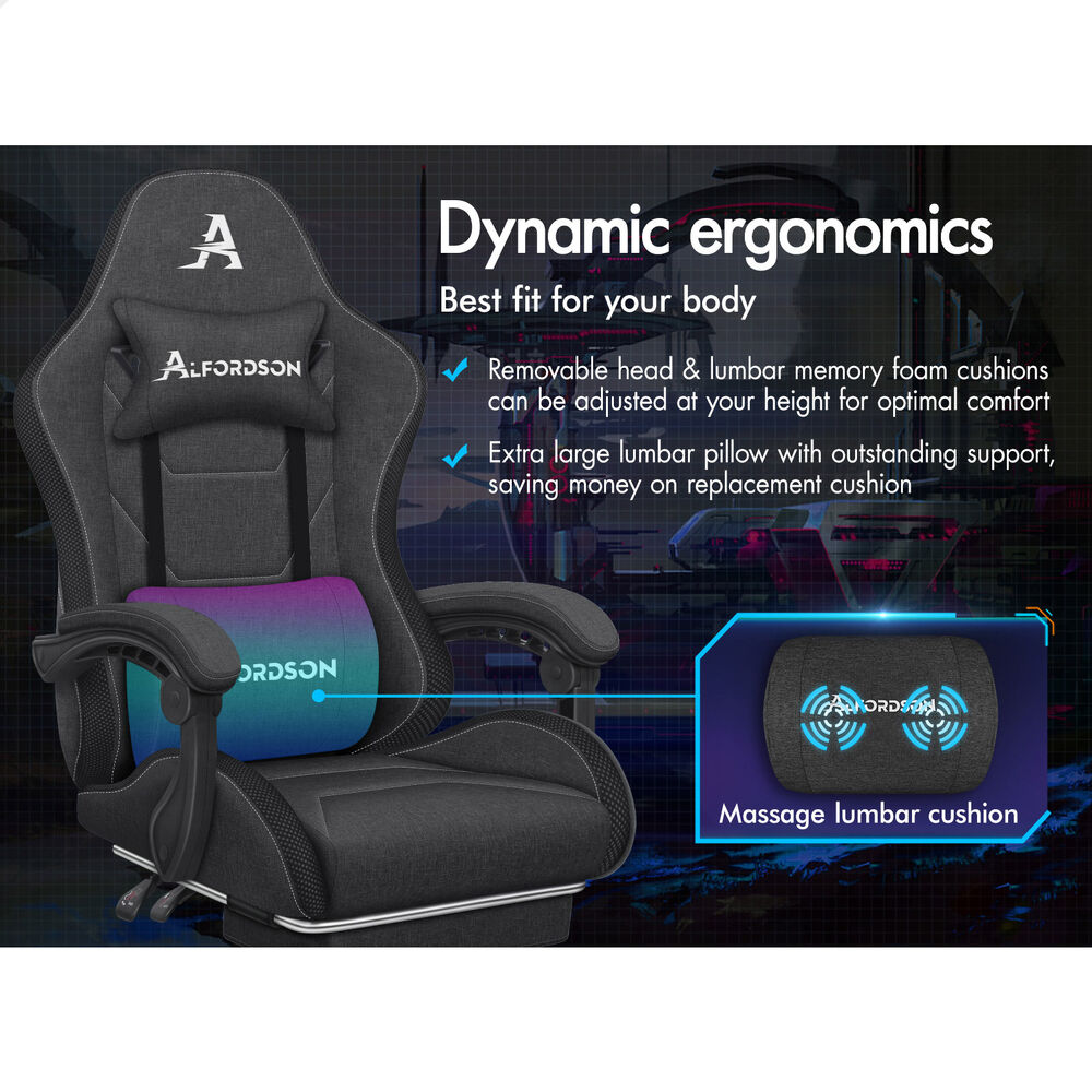 ALFORDSON Gaming Chair Office Massage 12 RGB LED Computer Seat Fabric Dark Grey