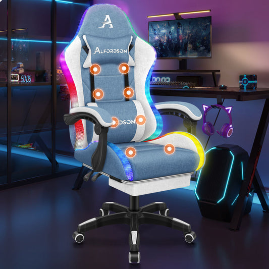 ALFORDSON Gaming Chair Office Massage 12 RGB LED Computer Seat Fabric White Blue