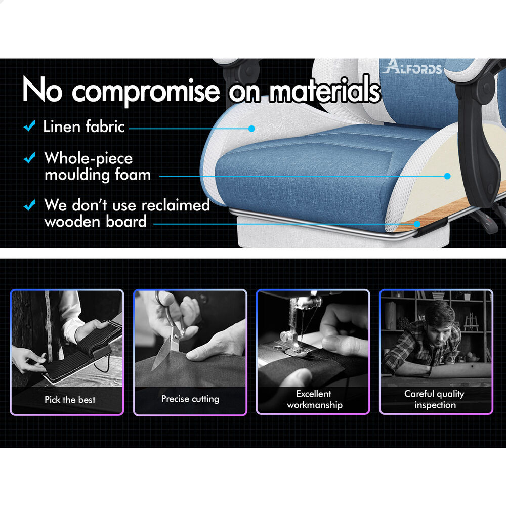 ALFORDSON Gaming Chair Office Massage 12 RGB LED Computer Seat Fabric White Blue