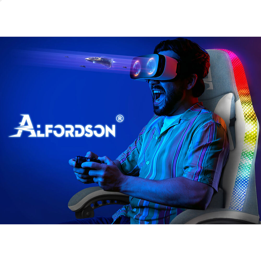 ALFORDSON Gaming Chair Office Massage 12 RGB LED Computer Seat Fabric White Blue