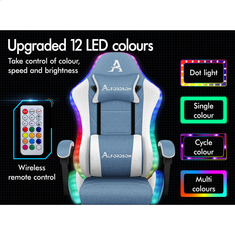 ALFORDSON Gaming Chair Office Massage 12 RGB LED Computer Seat Fabric White Blue