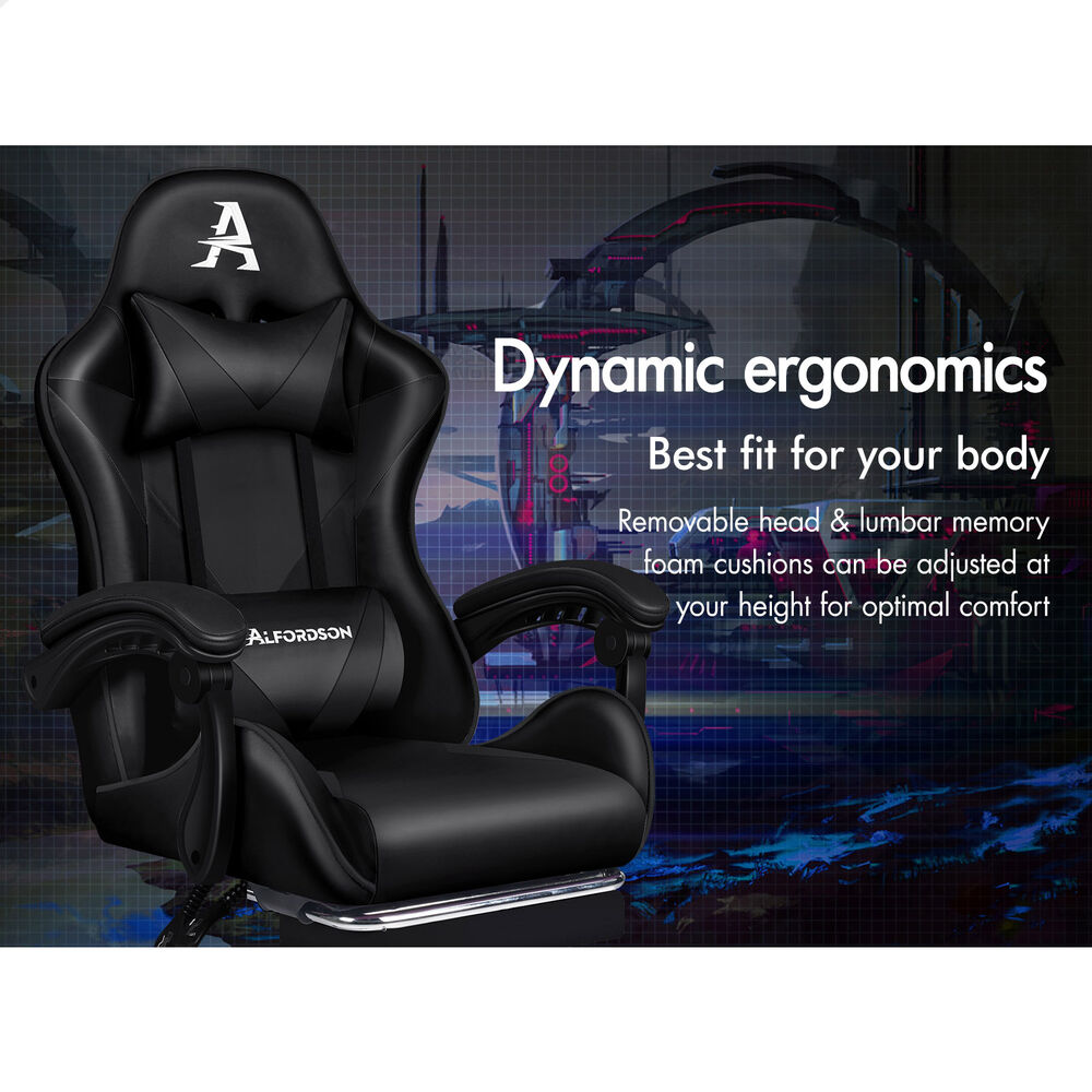 ALFORDSON Gaming Office Chair Massage Computer Footrest Seat Leather All Black