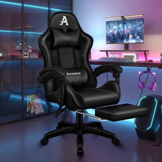 ALFORDSON Gaming Office Chair Massage Computer Footrest Seat Leather All Black