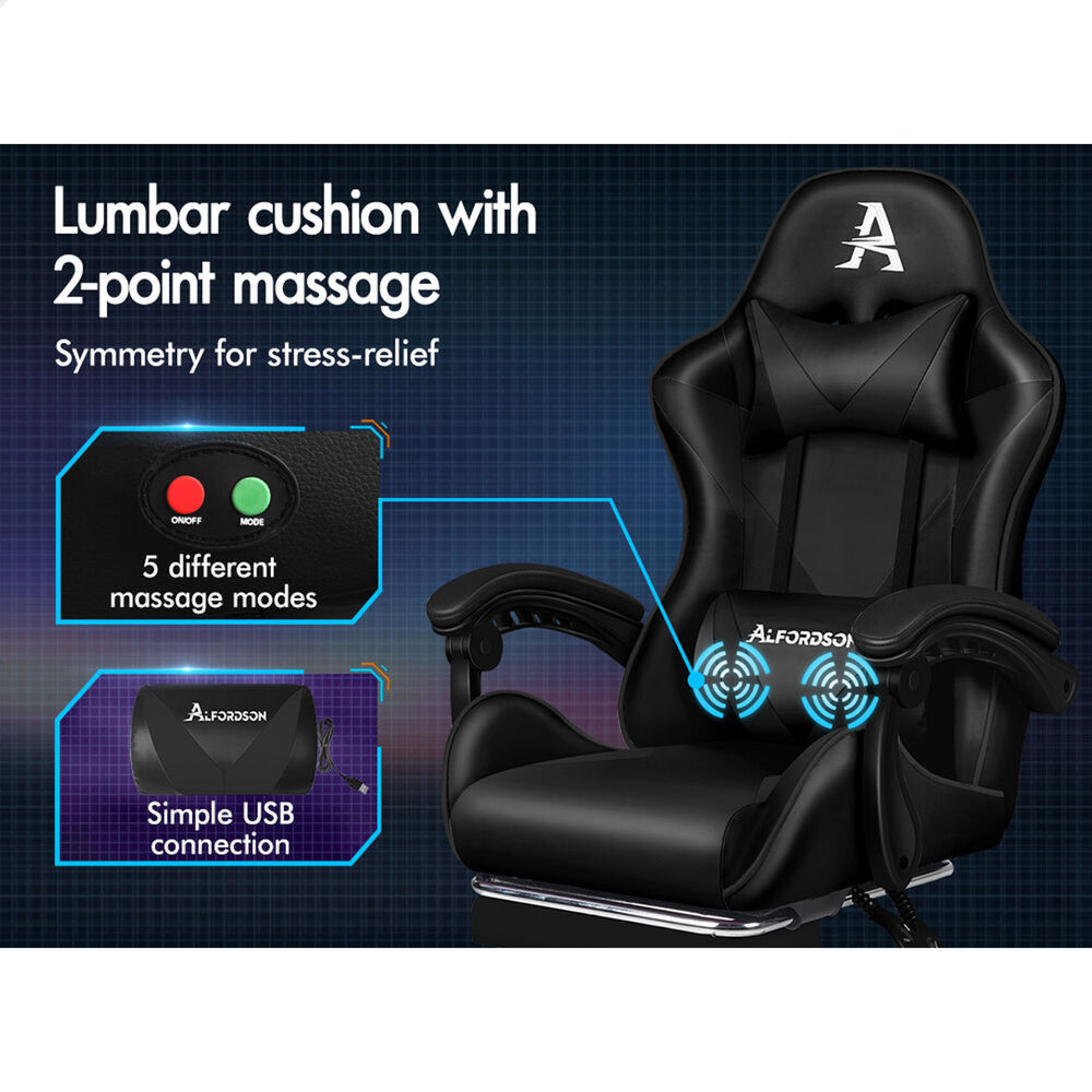 ALFORDSON Gaming Office Chair Massage Computer Footrest Seat Leather All Black