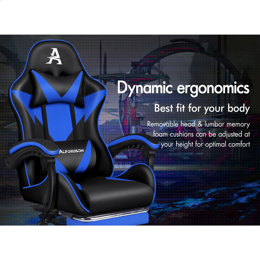 ALFORDSON Gaming Office Chair Massage Computer Footrest Leather Black & Blue
