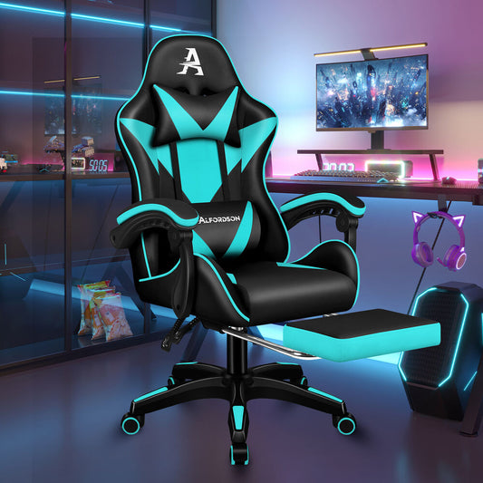 ALFORDSON Gaming Office Chair Massage Computer Footrest Leather Black & Cyan