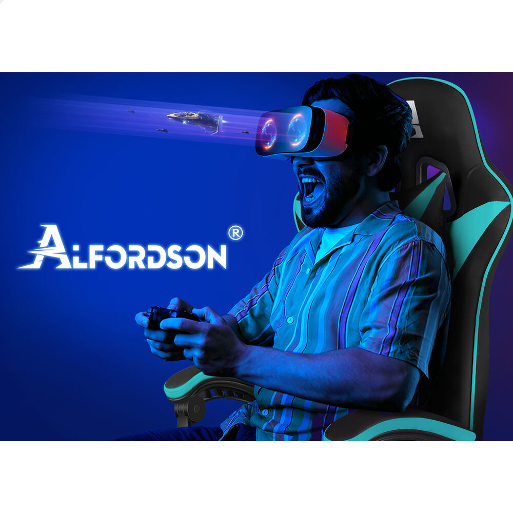 ALFORDSON Gaming Office Chair Massage Computer Footrest Leather Black & Cyan