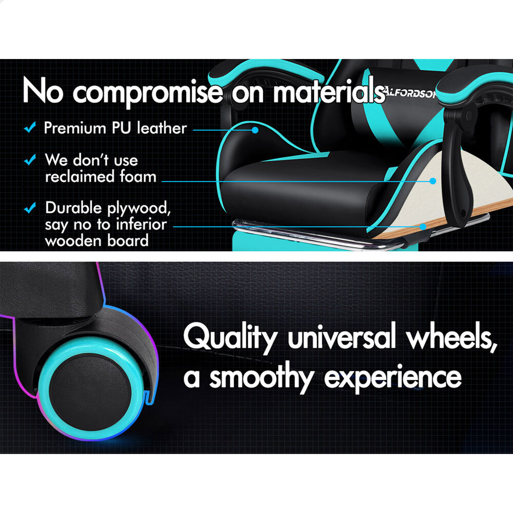 ALFORDSON Gaming Office Chair Massage Computer Footrest Leather Black & Cyan