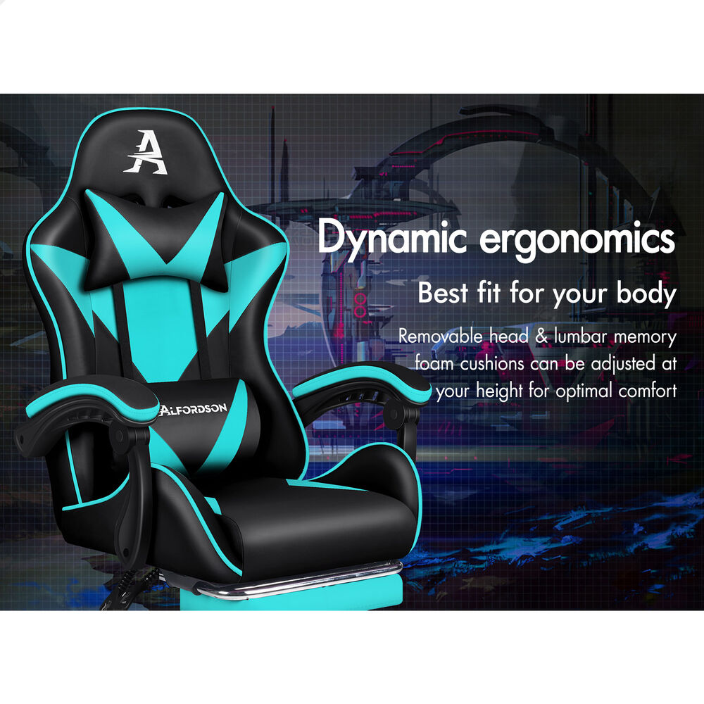 ALFORDSON Gaming Office Chair Massage Computer Footrest Leather Black & Cyan