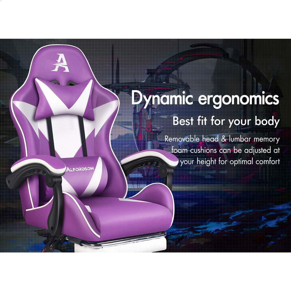 ALFORDSON Gaming Office Chair Massage Computer Footrest Leather Purple & White